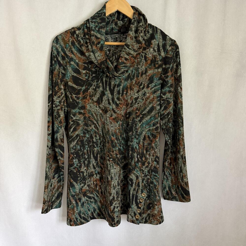 Susan Graver Weekend Shirt Womens PM Multicolor Animal Print Cowl Neck Tunic Top